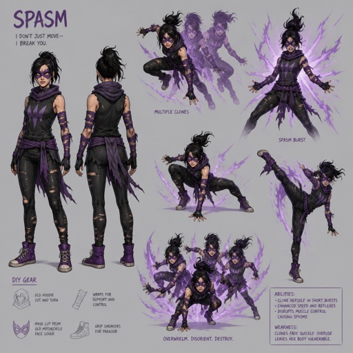 Female superhero with spasm abilities, design,homemade costume, mask, multiple of the same character