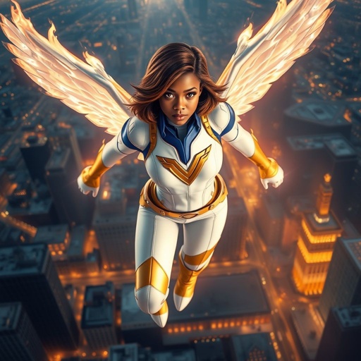 A teenage African American female superhero with brown hair with gold highlights in a shoulder length side part hairstyle with pure Gold Glowing eyes wearing a white suit with gold and royal blue with white pants and gold and white knee length boots with a utility belt with a gold V as her chest emblem with glowing wings made of white fire flying in Philadelphia