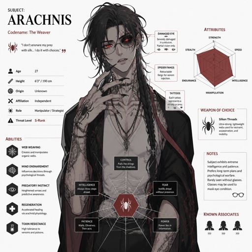 Anime male,hair messy long braided hair,clean shaven,highly skilled tall,in late 20s,migraines, is sarcastic,red glowing eyes,one eye is severely damaged,serious face,been experiment on for many years until finally found and rescued ,hates people,has power to control spiders make traps poison and crawl on walls and ceiling dangerous,glasses,wears a loose jacket a nice shirt fully covered ,loves spiders, nice big earrings,tattoos on arms, agrees to help people but on his terms,doesn't remember anything from his past before except the experiments, long scary fingers, spider fangs, traumatized 
