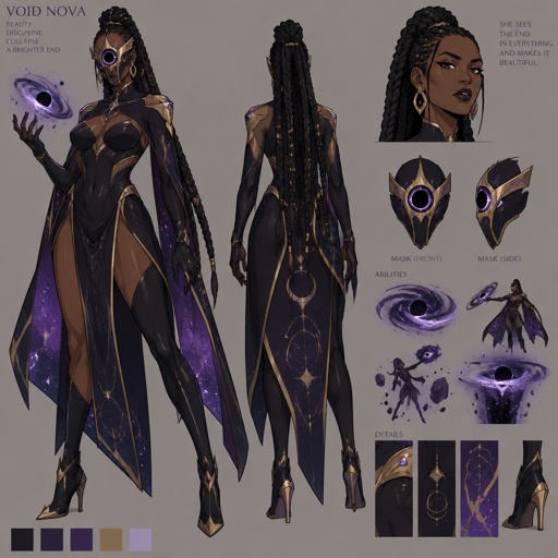 Female Villain with galaxy abilities, mask, African American, Cool outfit, full body