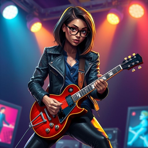 A young African American female wearing glasses with chin length hair in a side part style wearing a sparkly black leather jacket a dark blue shirt black jeans black boots  playing a Les Paul style guitar in a club