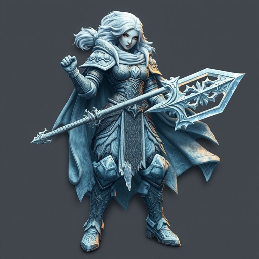 Create a battle woman hero called Alvara the Frostheart. Show full body head to toe including shoes