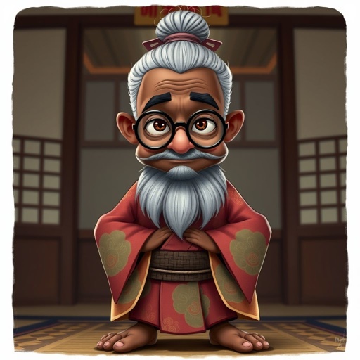 Create a funny looking African sensei. Show the whole character from head, body , legs , feet and make him serious. 