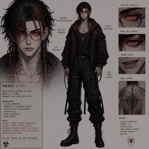 Anime male in his 20s part Asian part white,dark red streaks of black hair messy in a braid clean shaven wearing a loose jacket,is highly skilled,late 20s,tall,migraines,sarcastic ,red glowing eyes,serious face has been experiment on,hates people,has power,dangerous hates being told what to do,one eye damage, glasses,loves spiders,earrings tattoos, lip piercings,agrees to help  people but on his terms or for a price hard to figure out his true emotions doesn’t remember anything from his past before the experiment,long scary fingers,spider fangs