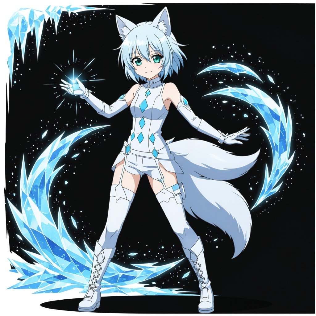 A pale teenage girl. Aqua green eyes wearing a white top and trousers with light blue diamonds. Short white hair with a singular snow fox tail and two ears. Wears long gloves and boots conducting ice with a black background