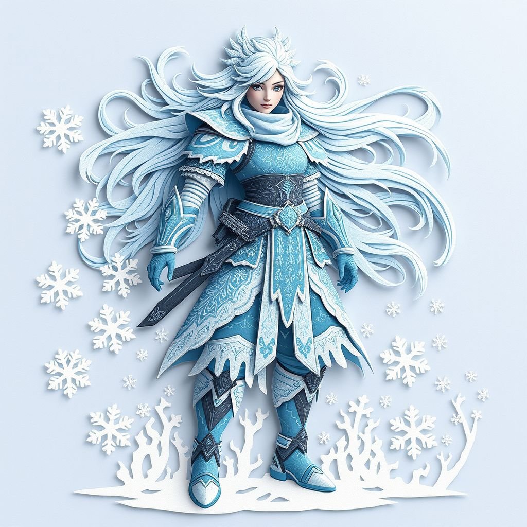 Create a battle woman hero called Alvara the Frostheart. Show full body head to toe including shoes 
