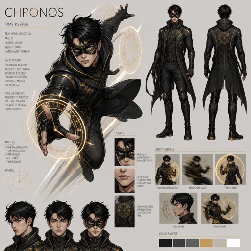 Male superhero with time abilities, Asian, lip piercing, half mask