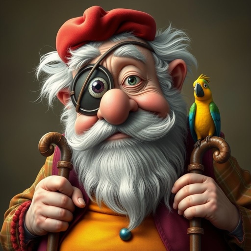 Create a funny old character who has 1 eye patched. Make him fat with a cane