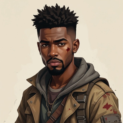 A an African-American 20 year old male with a lowboy haircut and a growing goatee