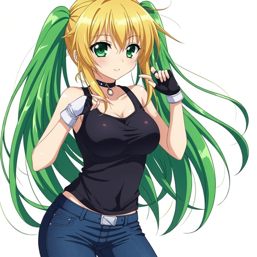 one girl with green hair, blonde bangs, green eyes, black sleeveless top, midnight blue Jeans and white fingerless gloves