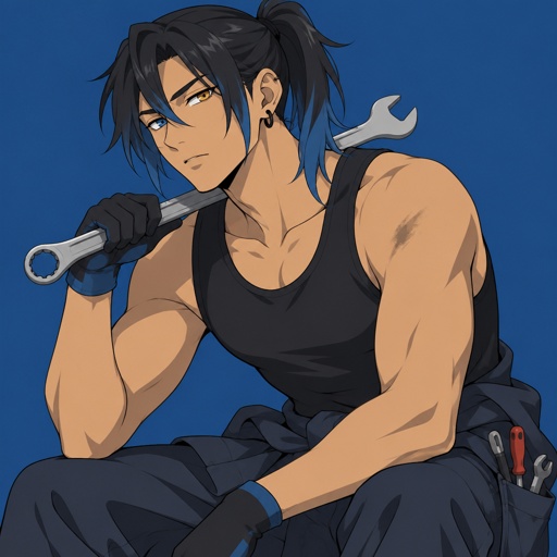 Male, Asian, black ponytail with side bangs on one side blue tips, one blue eye one yellow eye, ear piercing, mechanic, tank top