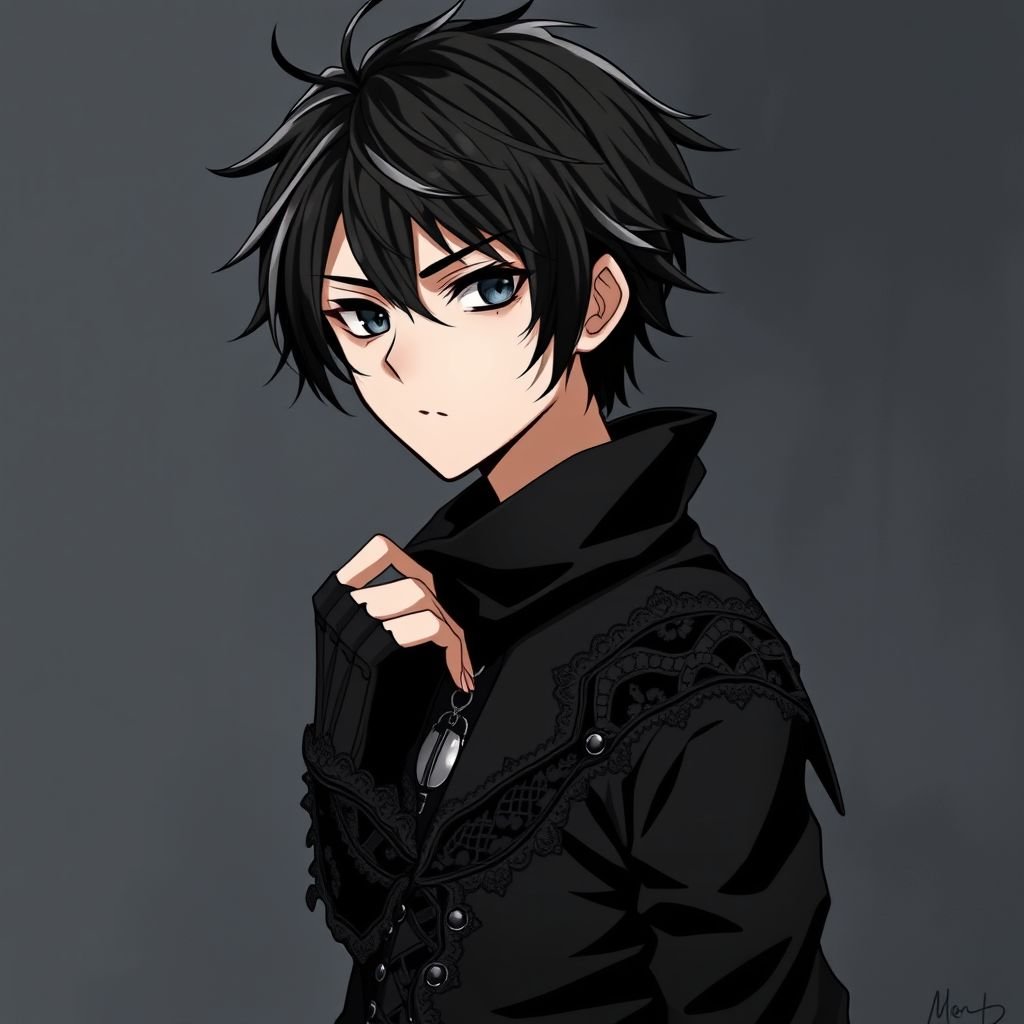 Create a teenage goth boy who has black hair, black eyes, pale skin and his attire is black. 