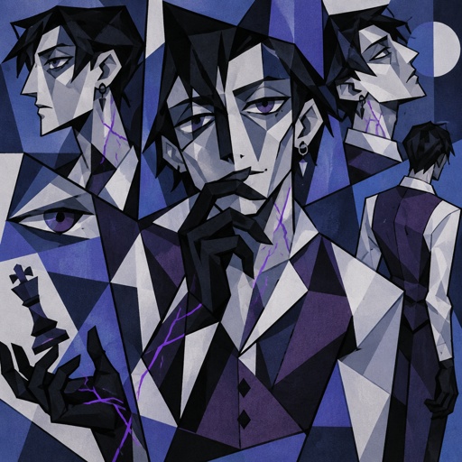 Male, slim, slight eye bags, black messy hair, back hair, brushed side hair, strands of hair in the middle of forehead, ear piercing ring, gloves, purple glowing veins, purple vest, white shirt, no facial hair, bad guy,