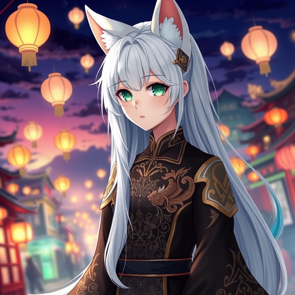 A teenage girl with pale skin and emerald eyes wearing black and gold attire with white hair with a small cyan coloured tip and small fox ears walking through a Chinese style city watching lanterns fly high in the sky