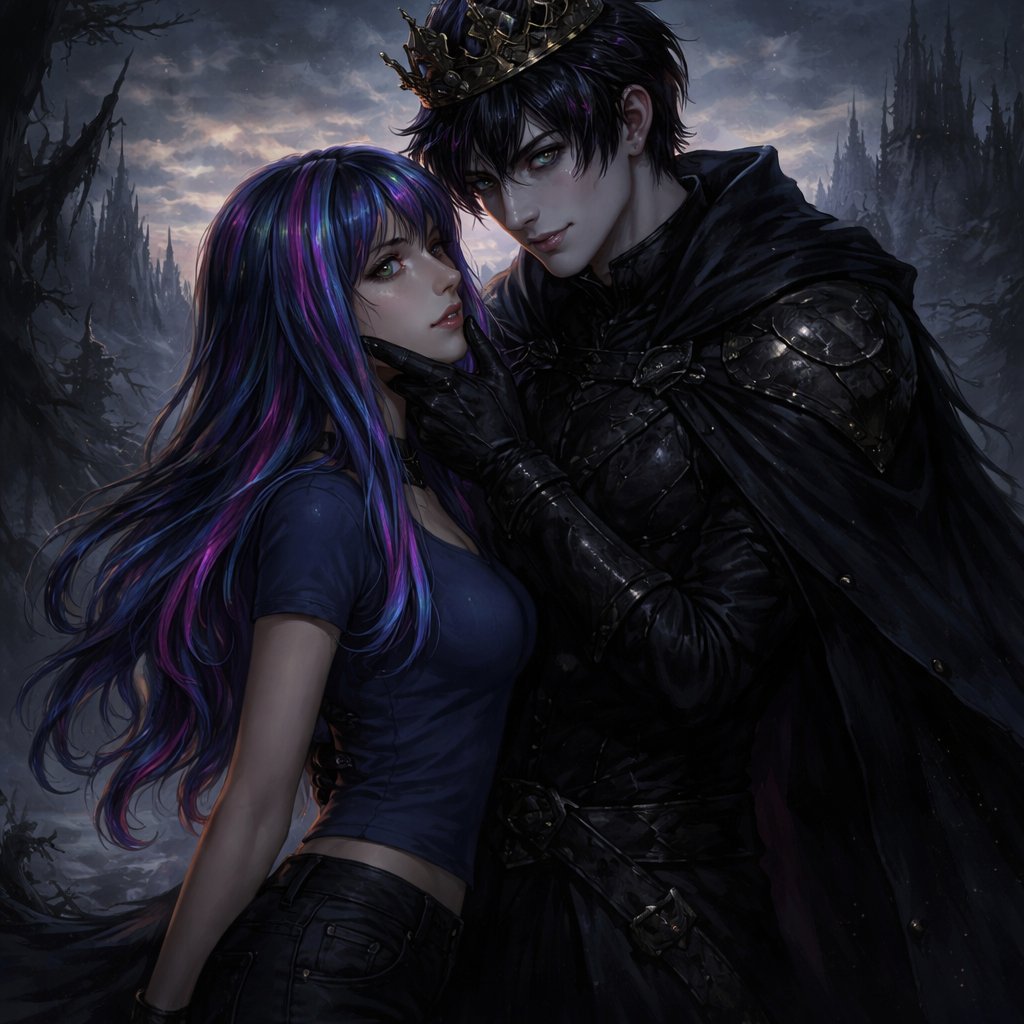 A 17 year girl who has blue hair with pink and purple stripes and has hazel eyes. She is wearing a blue shirt and black pants. Next to her is an 18 year old prince who has black hair with purple stripes and blue eyes. He is wearing a golden crown. He is also wearing all black and a cape. The prince is holding the girl’s chin and has a smile on his face.