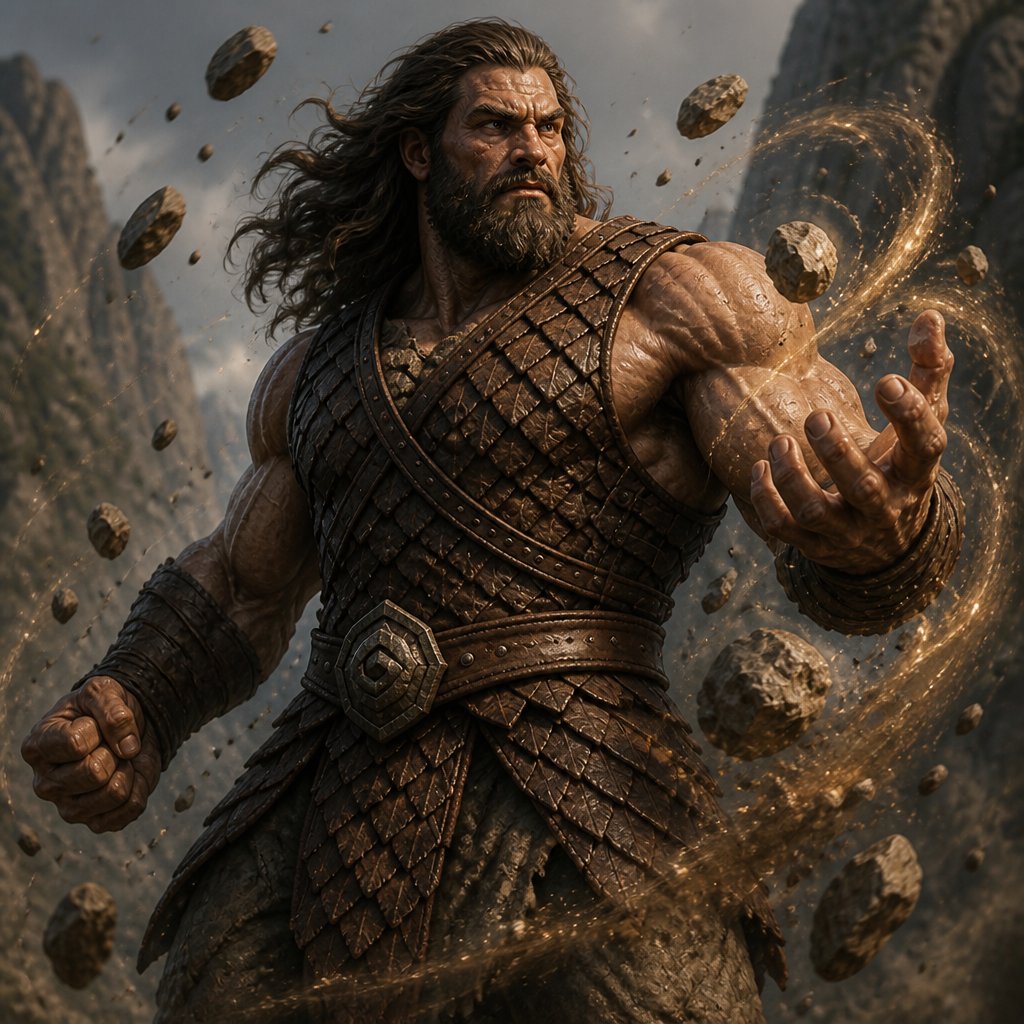 a man with long hair and a beard standing in front of rocks