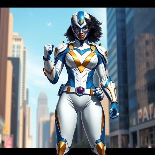 A teenage African American female superhero wearing a domino style mask with slightly curly hair in a shoulder length side part style wearing a armored White and blue suit with gold accents blue pants and a stylized V as her chest emblem a utility belt and blue boot heel less standing in Philadelphia
