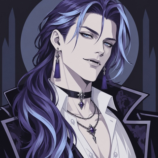 Male, pale, vampire, light blue eyes, cheekbones, shoulder length brushed back hair, all back hair over right shoulder,  bangs brushed in the middle of forehead, shiny purple and light blue hair gradient, tassel earrings, jewelry, dress shirt, choker, smirk