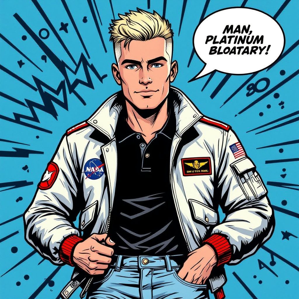 man with Platinum Blonde Military Buzzcut Hair. Astronaut Flight Jacket Black And White Polo and Light blue denim jeans with red sneakers
