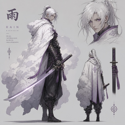 assassin based on clouds, name rain, pearl white hair, pearl purple eyes, cloud cape, katana