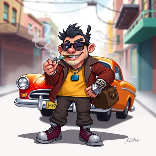 Create a funny cocky character named vaping Kenny, not smoking a car just holding one and thinking he is the man