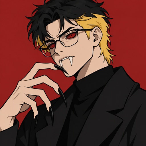 Male, white skin,red spider eyes, badass haircut black top of hair yellow bottom of hair, spider fangs long creepy fingers glasses