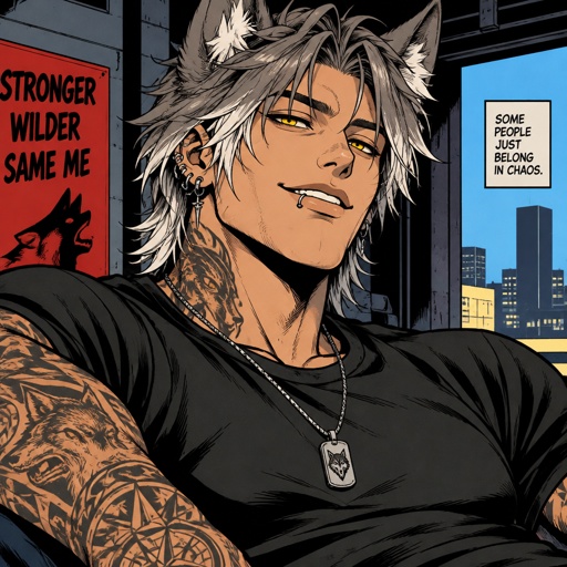 Male,only wolf ears no human ears,gray hair with white tips hair that goes done to neck hair set a little bit on face slightly messy,yellow eyes,strong,lip and ear piercings,tattoos on neck and arms,a smile that could steal the ladies,with a smug and chill attitude 