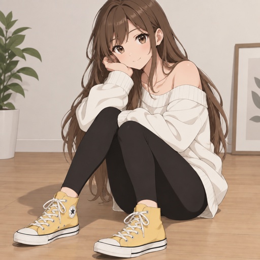 a girl sitting on the floor with her legs crossed