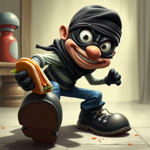 Create a funny looking clumsy thief with funny shoes on. Make him have on the bandit black thing around his eyes. And wanted for stealing sandwiches 