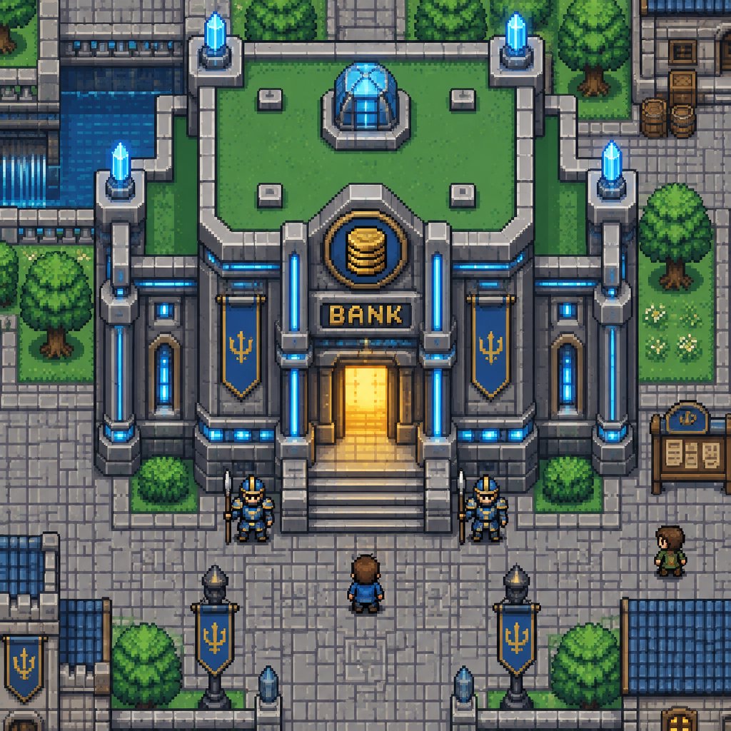 Bank full building for a futuristic fantasy city game, exterior, top down style
