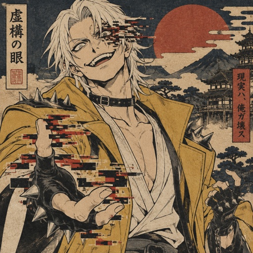 Male, cheekbones, white hair, smooth on top spiky on the bottom, neck length, white eyes, yellow trench coat, metal spike shoulder pads, black choker, low cut white shirt, fingerless gloves with spikes, insane smile, glitch powers, one missing glitchy eye