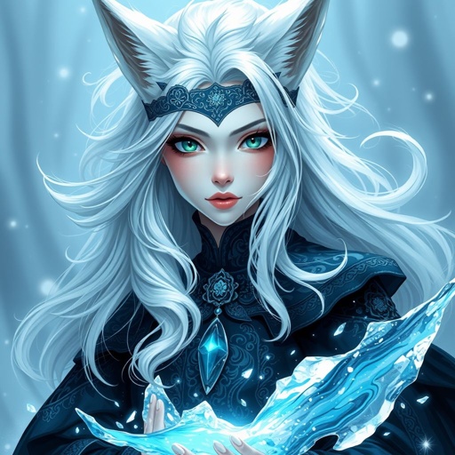 A pale teenage girl. Hair as white as snow with cyan tips, emerald eyes and small fox ears wearing mystic royal black top and trousers conducting ice (Russian themed)