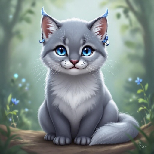 Species: Otter–Cat Hybrid (Jaguarundi-inspired) Pronouns: They/them  Eyes: Deep blue, glowing softly against silver-prismatic fur Fur: Smooth silver with subtle prismatic blue shimmer in the light Tail: Long and sleek, fluffy at the end Horns: Small curved silver-blue horns Piercings: nose and Medusa plus a few ears piecings 