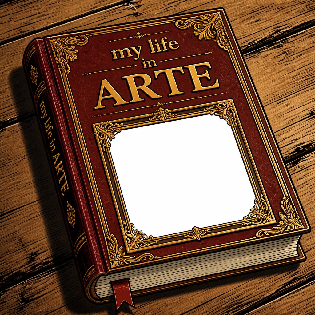 Highly realistic, vivid colours no speech bubbles an ornate book with the title my life in ARTE and a white framed space below for a photograph. all the edges of the book must be shown and the book is at a 30° angle.
