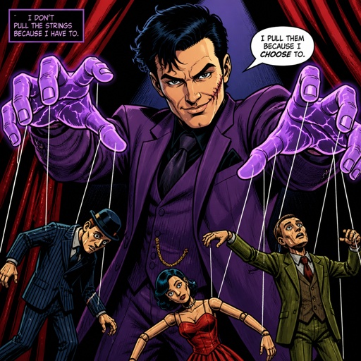 Male, black hair, 40 years old, purple suit, glowing purple hands, smirk, scar on mouth, purple veins, puppeteer