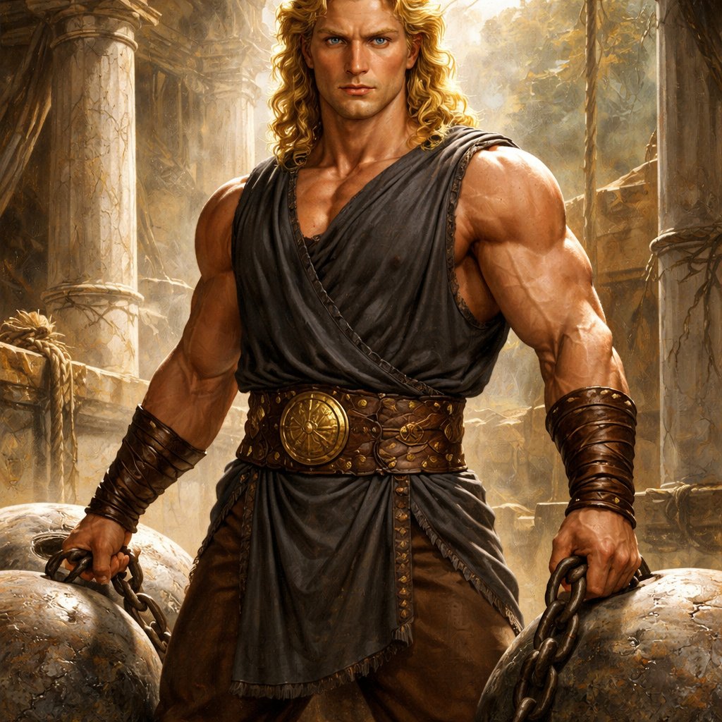 A tall well~proportioned male, so handsome he looks like a Greek god with muscles. With deep-set blue eyes and strong brows, and a peaceful but determined expression on his face. His hairstyle is a thick curly blonde mullet. He works at freak show as a strong man. His outfit consistsed of a Charcoal-toned sleeveless Greek tunic, thick leather belt, leather wristbands/cuffs, brown pants.
