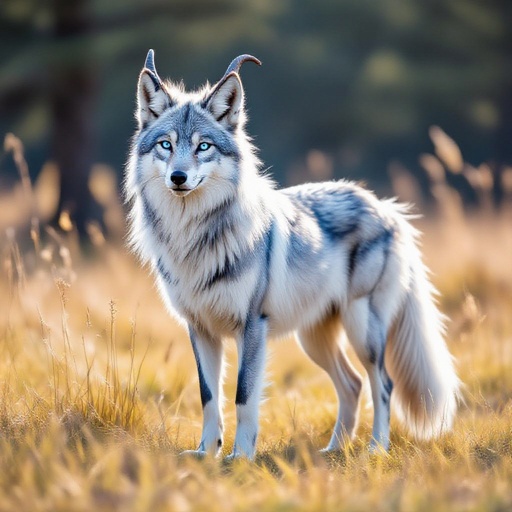 Sleek silver fur with prismatic blue shimmer, dark blue eyes, small horns, a confident but gentle build 