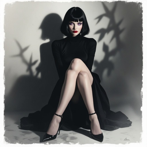 Show her shoes and entire body. Create mysterious woman jet-black hair is cut sharp to her jawline, and her violet eyes seem to pierce through darkness. A shadowy aura clings to her form, faint shapes shifting and flickering behind her like whispers of another realm. Show whole body head to toe