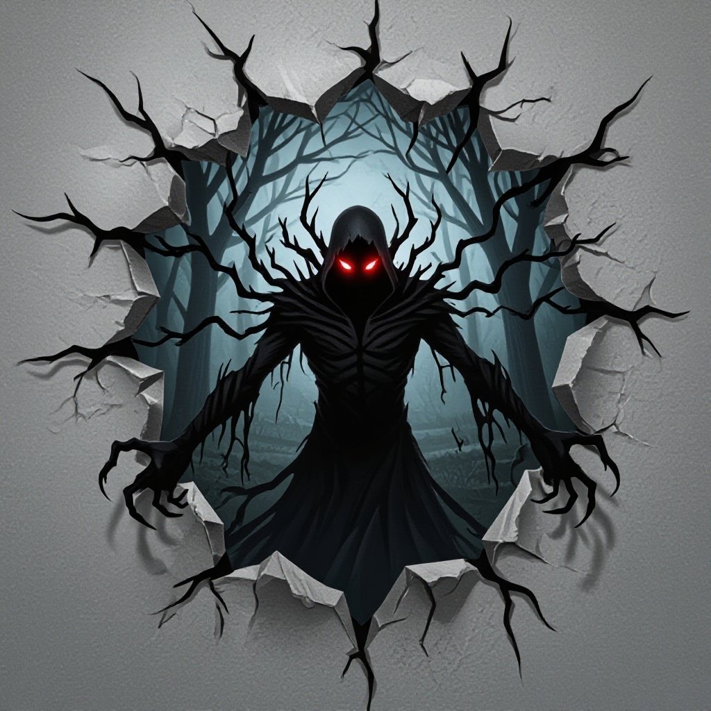 Shadow realm villain: A being of pure darkness with glowing red eyes, emerging from a tear in reality. Tendrils of shadow reach out to corrupt the surrounding area. Standing in a once-peaceful park that's now wilting and greying around them.