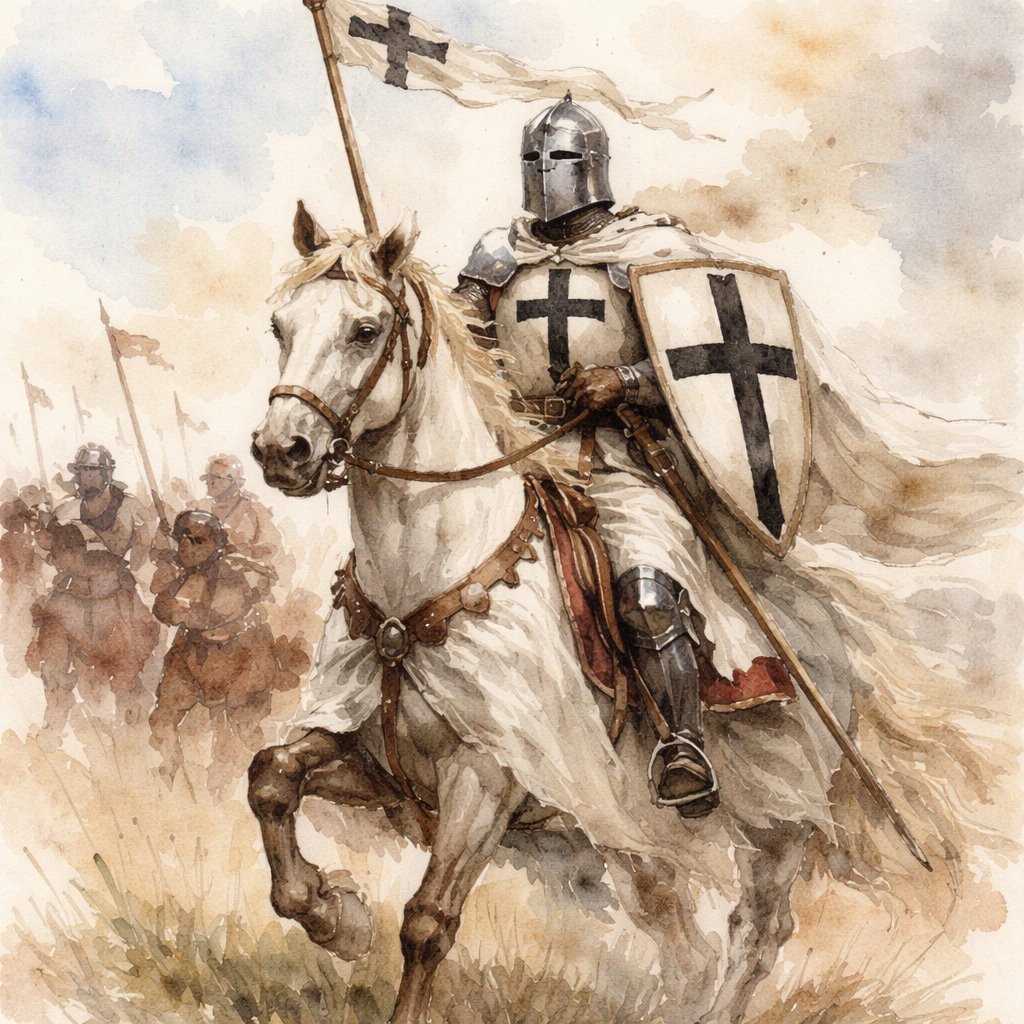 A mounted commander in charge of cavalry with white armour, a black cross on the armour and he is wielding a spear and shield