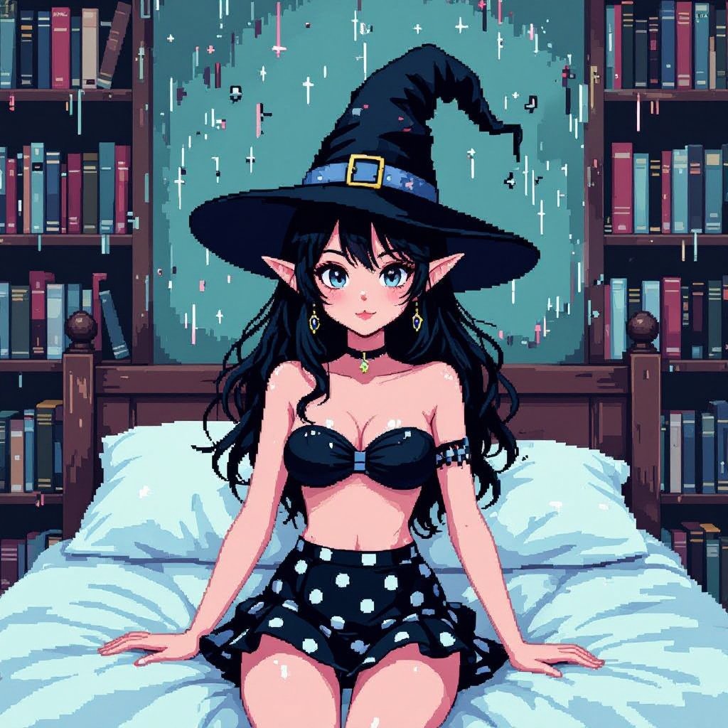 Dark Brunette Elf Witch Librariani with With Hat. Strapless Bathing Suit Top and Black and white Polka Dot Mini Pencil Skirt laying on Library Bed