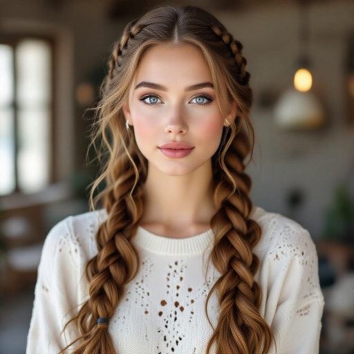 con i capelli lunghi, folti e mossi ornati da trecce. La sua pelle é alabastro con un leggero tono di azzurro.