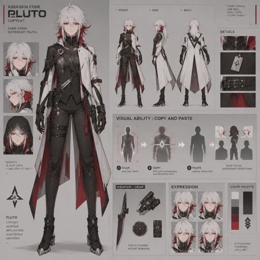 assassin name code pluto, copy cat, copy and paste ability, white hair red on the inside