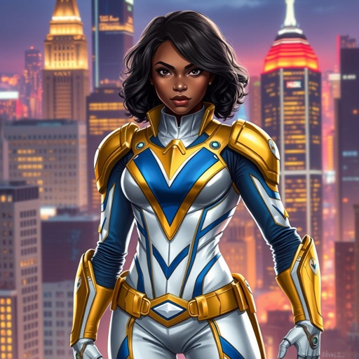 A teenage African American female superhero with slightly curly hair in a shoulder length side part style wearing a polyester armored white and Gold suit with blue accents and a stylized V as her chest emblem a utility belt and gold boots standing in Philadelphia